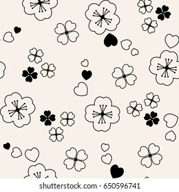 Vector seamless pattern. heart repeating texture. Fancy japanese style print with stylized flowers