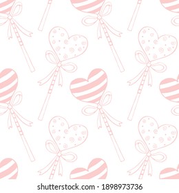 Vector seamless pattern from heart shape lollipops, gingerbreads on stick with bows. Hand drawn doodle texture, background. For Valentine's Day, confectionery shop decoration. Love sweet candy