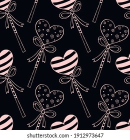 Vector seamless pattern from heart shape lollipops, gingerbreads on stick with bows. Hand drawn doodle texture, background. For Valentine's Day, confectionery shop decoration. Love sweet candy