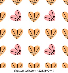 Vector seamless pattern with heart shape basketball for Valentine's Day. Print design for t-shirt, fabric.