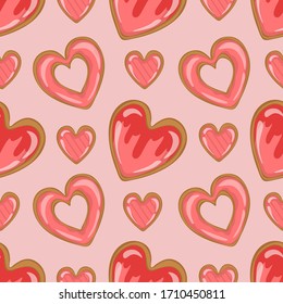 Vector seamless pattern with heart shaped cookies on pink background. Good print for fabric or wallpaper.
