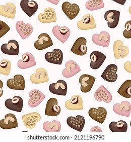 Vector seamless pattern with heart shaped pink, white, milk and dark chocolate candies decorated with cashews, hazelnuts and peanuts.