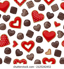 Vector seamless pattern. Heart shaped cookies with red glaze and dark chocolates isolated on white background.
