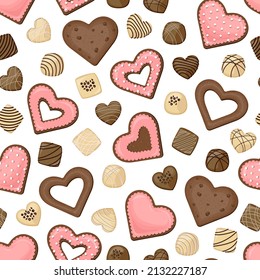 Vector seamless pattern of heart shaped cookies with coral glaze and milk chocolate candies isolated on white background.
