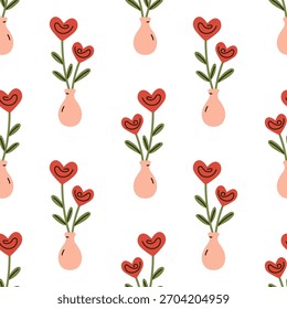 Vector seamless pattern with heart shaped flowers in vases on white background. Romantic print for Valentines Day, wedding, textile, greeting card, wrapping paper, and festive decor in flat style.