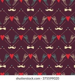 Vector seamless pattern with heart, wings, arrows, bow tie and moustache