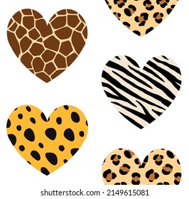 Vector seamless pattern of hearts with animal fur prints isolated on white background