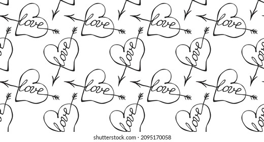 Vector seamless pattern of hearts with arrow and lettering love. Hand drawn texture, background for wrapping paper, greeting card, Valentine's day, wedding, declaration of love