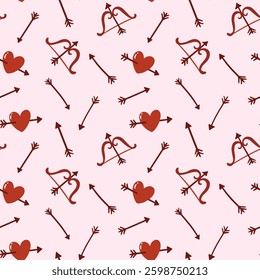 Vector seamless pattern hearts and arrows. Endless background with red hearts for Valentines day, holiday design, wallpaper, fabric.