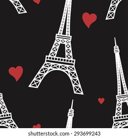vector seamless pattern with hearts background and Eifel Tower