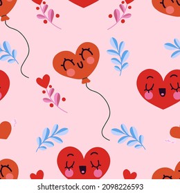 Patrón vectorial sin fisuras con corazones, globos, flores para el Día de San Valentín. Fondo para imprimir tela, papel pintado, papel de embalaje, rayado, manteles, cuadernos