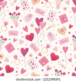 Vector seamless pattern and hearts  bouquets  balloons  gifts   wedding ring  Lovely romantic background for Valentine's Day  Mother's Day  wedding  Suitable for wrapping paper  postcards 