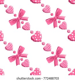 Vector seamless pattern of hearts and bows in garlands. Beautiful Valentine's day print for gift paper design.