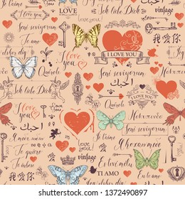 Vector seamless pattern with hearts, butterflies, cupids, keys, keyholes and love theme letterings. Abstract background in retro style with handwritten inscriptions I love you in different languages.