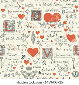 Vector seamless pattern with hearts, butterflies, cupids, initial letters, keys, keyholes and love theme letterings. Abstract background with hand written declarations of love in different languages.