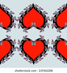 Vector seamless pattern with hearts and butterflies. Heart ornament.