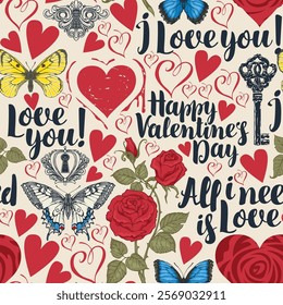 Vector seamless pattern with hearts, butterflies, cupids, initial letters, keys, keyholes and inscriptions on the theme of love and St. Valentine. Abstract background with handwritten declarations