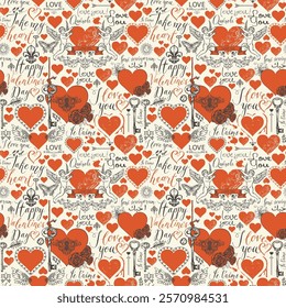 Vector seamless pattern with hearts, butterflies, cupids, initial letters, keys, keyholes and inscriptions on the theme of love and St. Valentine. Abstract background with handwritten declarations 