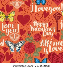 Vector seamless pattern with hearts, butterflies, cupids, initial letters, keys, keyholes and inscriptions on the theme of love and St. Valentine. Abstract background with handwritten declarations