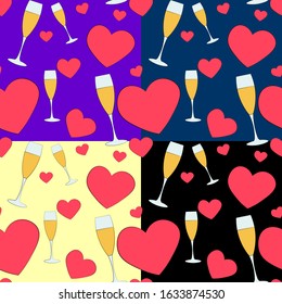Vector seamless pattern. Pattern with hearts and champagne. Seamless background for valentines day or wedding with hearts and champagne.