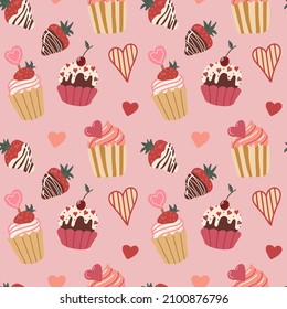 Vector seamless pattern with hearts and chocolate-covered strawberries. Cupcake. Valentines. Symbols of Valentine's day. Hand drawn illustration. The print is used for Wallpaper, fabric, textile.