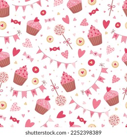 Vector seamless pattern with hearts, cupcakes, candy, sweets and festive garlands. Lovely romantic background for Valentine's Day, Mother's Day, wedding. Suitable for wrapping paper, postcards.