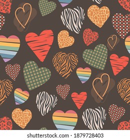 Vector seamless pattern with hearts of different textures. Background for the design of postcards, textiles, paper, stickers. Leopard, brindle, cage, rainbow, zebra, giraffe.