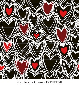 Vector seamless pattern with hearts of doodles made chalk on blackboard. Simple background Valentines Day's, wedding in hand drawn childish style. Abstract ornamental cute illustration for print, web