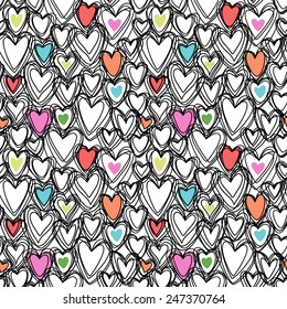 Vector seamless pattern with hearts of doodles. Valentines Day's, wedding texture in hand drawn style. Ornamental illustration for print, web