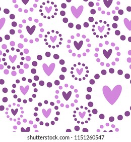 Vector seamless pattern with hearts and dots in purple and pink colors. Cute valentine's day background. For wrapping paper, cards, print on clothes for girls. Funny wallpaper for textile or fabric