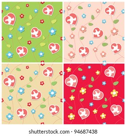 Vector seamless pattern with hearts, doves and flowers