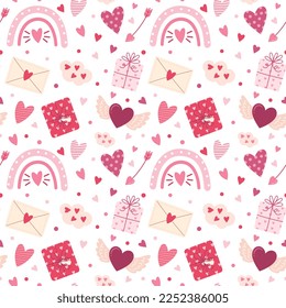 Vector seamless pattern with hearts, envelope, rainbow, arrows and gifts. Lovely romantic background for Valentine's Day, Mother's Day, wedding. Suitable for wrapping paper, postcards, invitations.