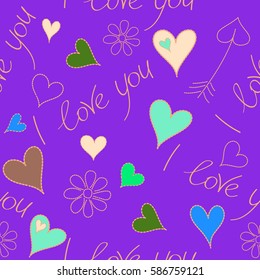 Vector seamless pattern with hearts, flower and love elements. Love background in green, beige and blue colors with doodle elements.