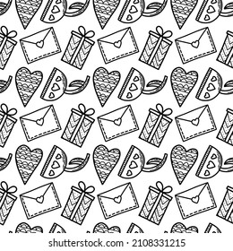 Vector seamless pattern. Hearts, flowers, gifts and letters in doodle style. Love concept for Saint Valentines day or woman day. Background for cards, social media posts, printing on paper or fabric
