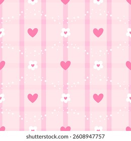 Vector seamless pattern with hearts, flowers, and gingham background in pastel colors. Ideal for childrens clothing, wrapping paper, and romantic spring or summer designs