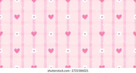 Vektor nahtloses Muster mit Herzen, Blumen und Gingham Hintergrund in Pastellfarben. Ideal für Kinderbekleidung, Wickelpapier und romantische Frühlings- oder Sommerdesigns