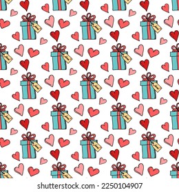 Vector seamless pattern with hearts, gift box and tag Love. Doodle Valentine's Day repeated pattern on white background