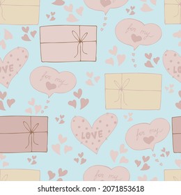 vector seamless pattern of hearts and gifts with congratulations declaration of love on Valentine's Day 14 February. Background for invitations, wallpaper, wrapping paper and scrapbooking
