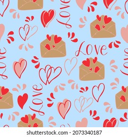 vector seamless pattern of hearts and gifts with congratulations declaration of love on Valentine's Day 14 February. Background for invitations, wallpaper, wrapping paper and scrapbooking