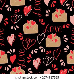 vector seamless pattern of hearts and gifts with congratulations declaration of love on Valentine's Day 14 February. Background for invitations, wallpaper, wrapping paper and scrapbooking