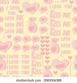 vector seamless pattern of hearts and gifts with congratulations declaration of love on Valentine's Day 14 February. Background for invitations, wallpaper, wrapping paper and scrapbooking