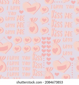 vector seamless pattern of hearts and gifts with congratulations declaration of love on Valentine's Day 14 February. Background for invitations, wallpaper, wrapping paper and scrapbooking