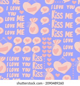 vector seamless pattern of hearts and gifts with congratulations declaration of love on Valentine's Day 14 February. Background for invitations, wallpaper, wrapping paper and scrapbooking