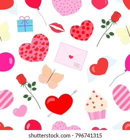 Vector seamless pattern with hearts, gifts, lips and balloons. Pattern for fabric, textile, wrapping paper, wallpaper, invitation card.
