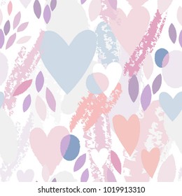 Vector seamless pattern of hearts and graphic elements in a cute pastel color palette. 