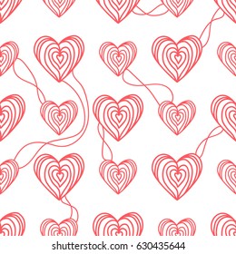 Vector seamless pattern. Hearts hand drawing. Grid texture of the hearts. Isolated on white background.