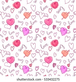 Vector Seamless pattern. Hearts and handwritten lettering with pink and red watercolor spots. Background romantic design. Happy Valentine's day or wedding background.