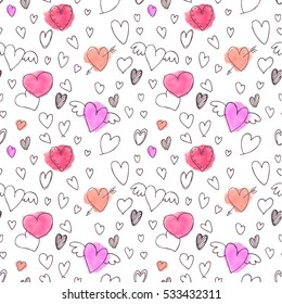 Vector Seamless pattern. Hearts and handwritten lettering with pink and red watercolor spots. Background romantic design. Happy Valentine's day or wedding background.