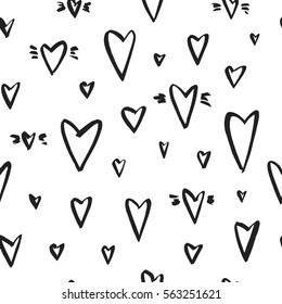 Vector seamless pattern with hearts. Ink illustration isolated on white background.