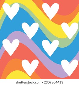 Vector seamless pattern of hearts isolated on rainbow lgbt groovy background